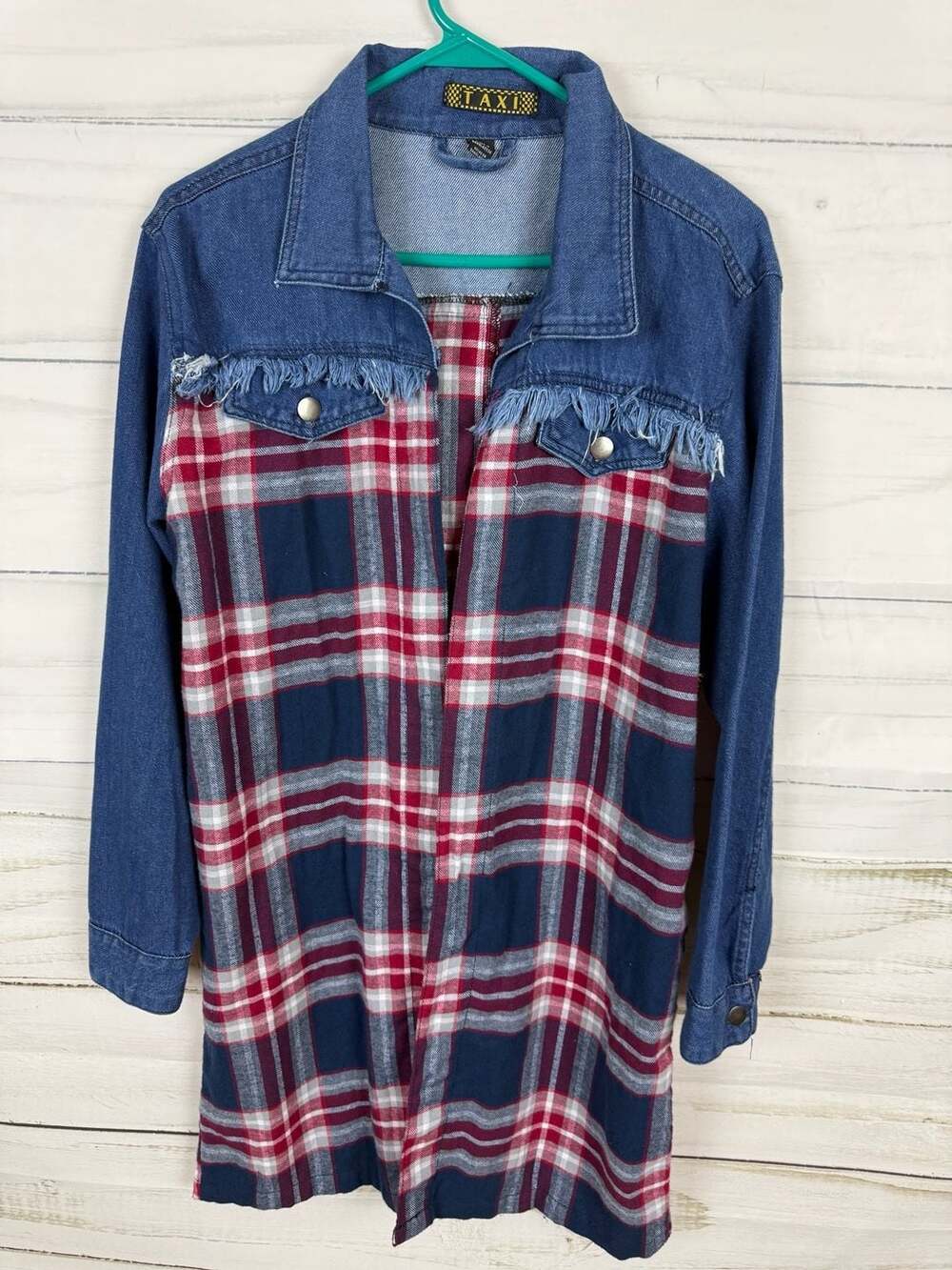 TAXI Fringed Denim and Plaid Flannel Long Sleeve Jacket